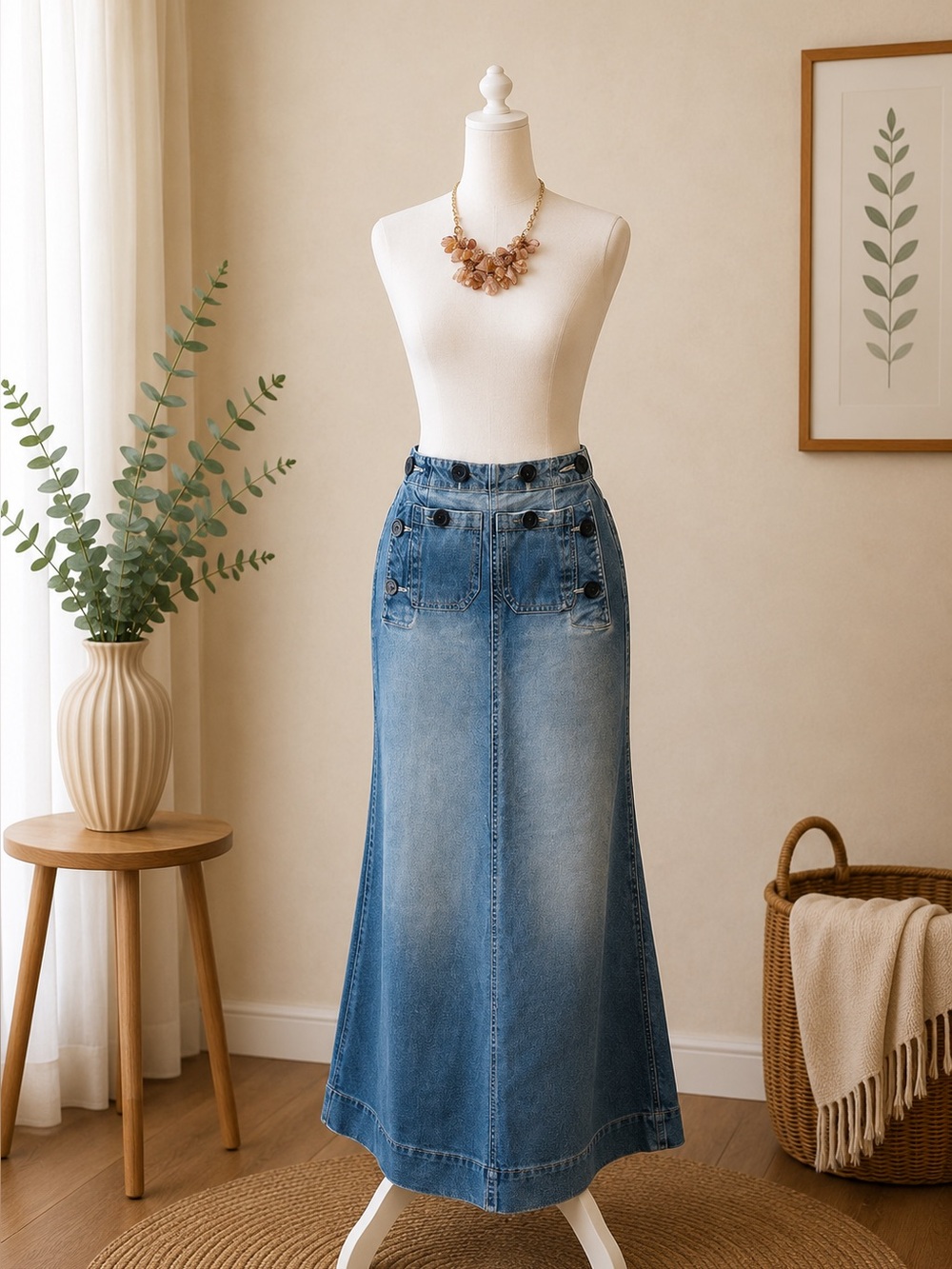 Jeanology Vintage High-Waisted Button Detail Denim Maxi Skirt